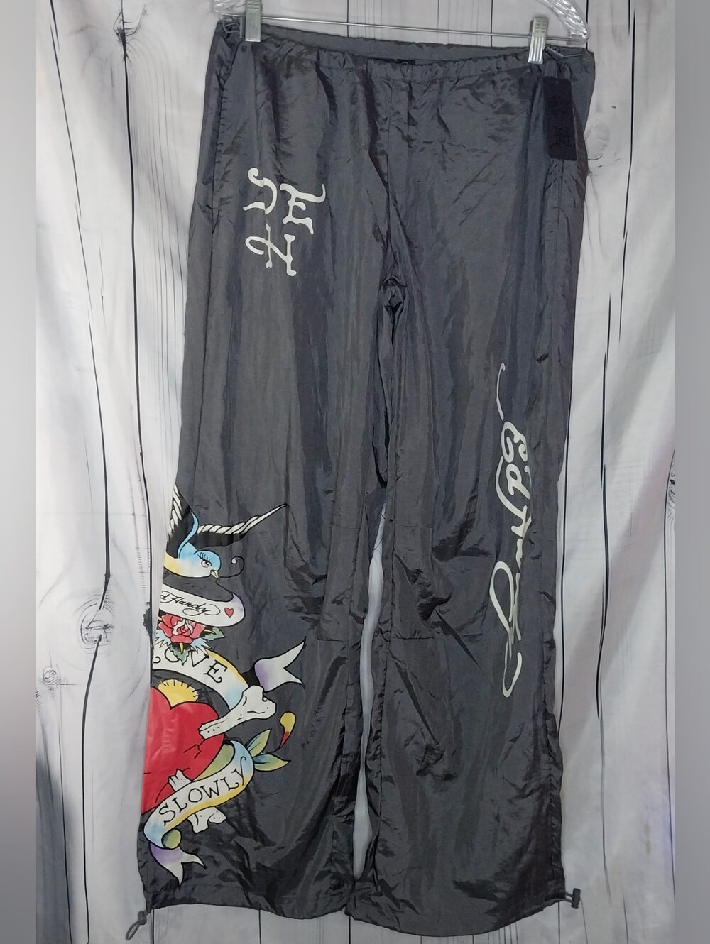 Ed Hardy Nylon Baggy Y2K Style Parachute Pants With Tattoo Graphic. NWT